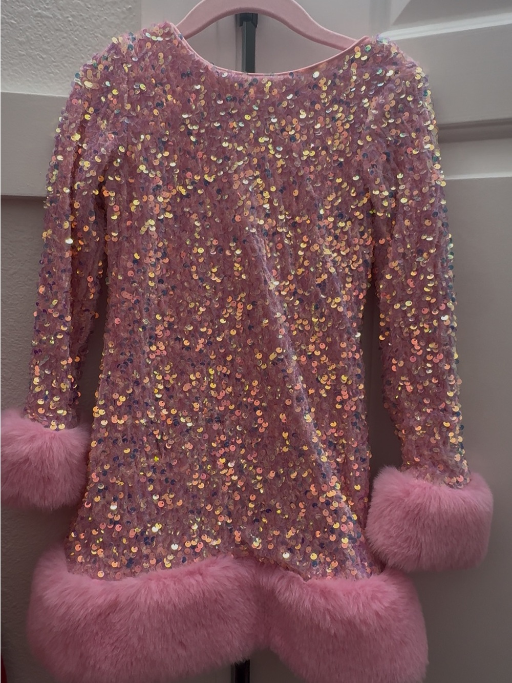 Lola + The Boys Pink Sequin Faux Fur Trim Girls Dress
